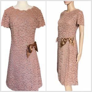 Samuel Spigel Brown and Silver Lace Floral A Line Dress with Bow Medium